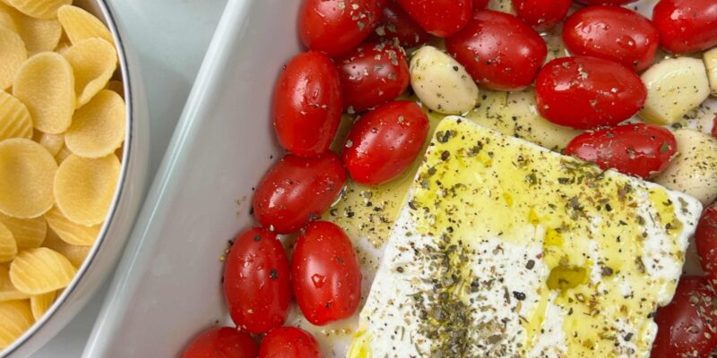 Roasted feta, tomato and prawn pasta